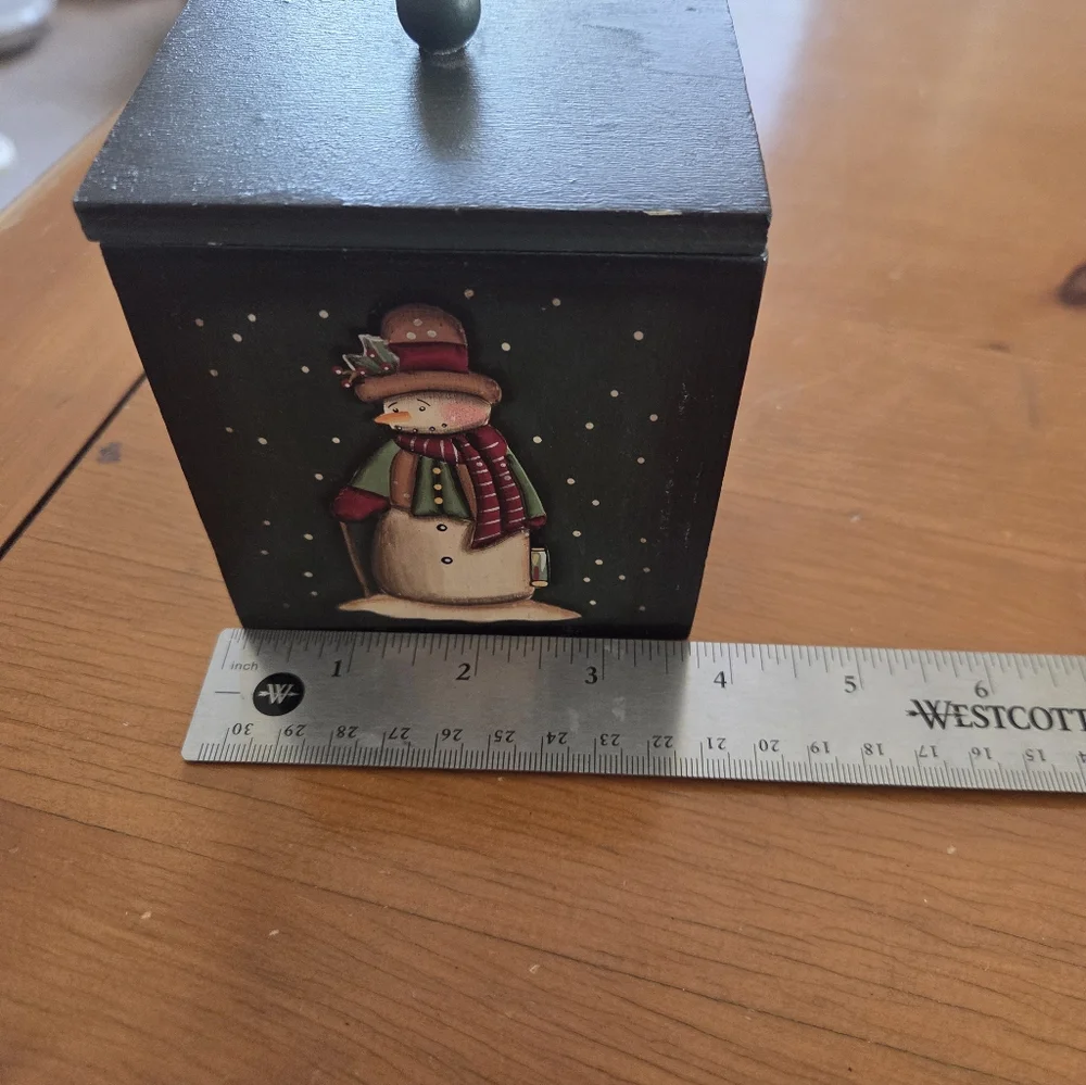 Cute Wood Folk Art Lidded Snowman Box